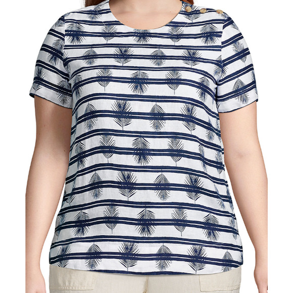 Lands' End Linen Shirt Women Large Tropical Short Sleeve Blouse Blue White Palms - Picture 1 of 8